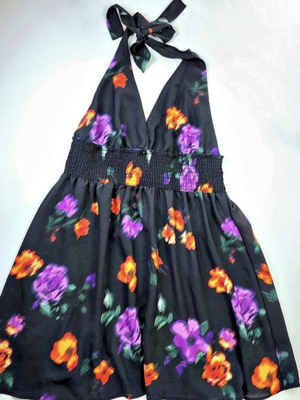 Madden NYC Wome's Woven Halter Dress Floral Black & Purple XL